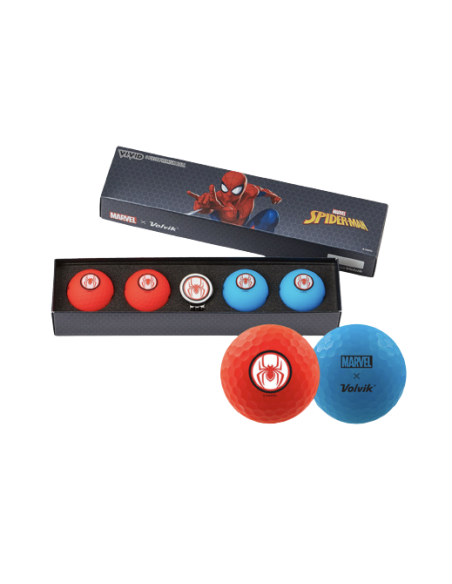 COFFRET SPIDER MAN 4 BALLES ROUGE ET BLEU + MARQUE BALLE