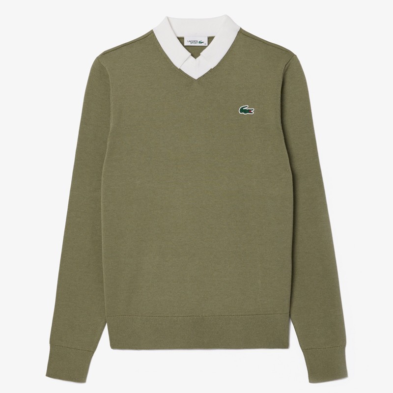 Pull Lacoste Regular Fit en Coton Pima Kaki/Blanc - Élégance et Confort